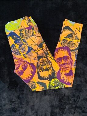 LuLaRoe Halloween Orange Frankenstein Leggings with Purple & Neon Accents